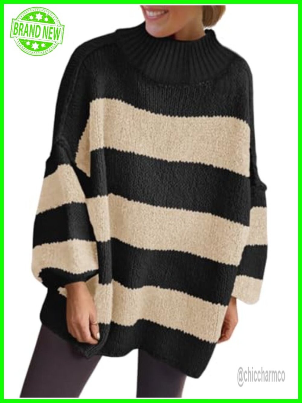 Women's Oversized Striped Chunky Mock Neck Sweater